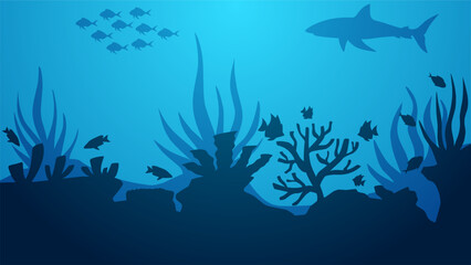 Seascape vector illustration. Scenery of nature in the bottom sea with fish and coral reef. Sea world landscape for illustration, background or wallpaper