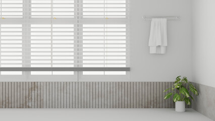 Minimal white and clean bathroom with a towel hanging on the towel rack, window with window blinds.