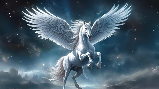 A majestic Pegasus its white wings spread wide flying across a sea of shimmering stars. Fantasy art concept.