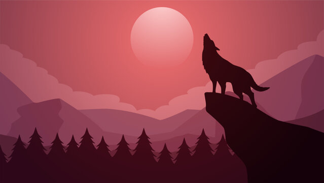 Wildlife wolf landscape vector illustration. Scenery of wolf howling silhouette in the cliff. Wolf wildlife landscape for illustration, background or wallpaper