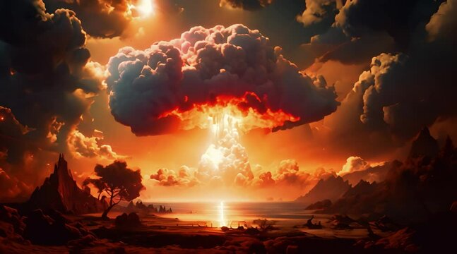 A huge explosion of a nuclear bomb with a mushroom cloud.