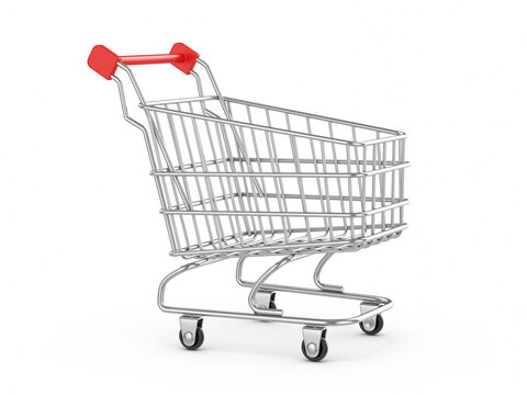 A 3D illustration of an empty metallic grocery shopping cart on a white backdrop.