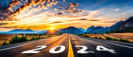 2024 Goal plan action, Business target and growth strategy. 2024 written on the road in the middle of road with at sunset - obrazy, fototapety, plakaty