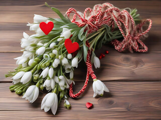 snow drops and pendant known as martisor on white with copy space, friendship, love and respect holiday Martisor, Baba Marta, martisor on wooden background, Ai generated
