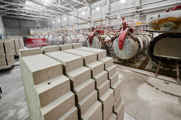 Pack of raw bricks prepared in manufacturing plant workshop