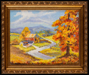 Framed acrylic sketch depicting a country farmhouse in the middle of fields surrounded by trees and a wooden fence. Traditional landscape painting