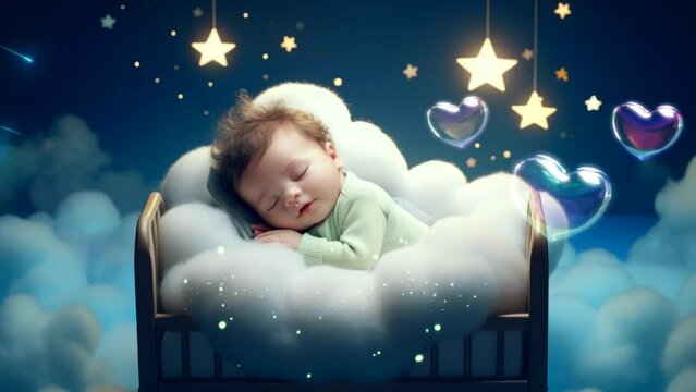 Lullaby For Babies video animation template looping Cute baby sleep at night on cloud with stars, for live wallpaper