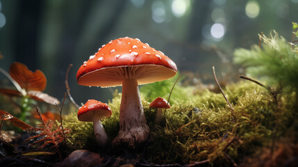 Red-Capped Mushroom in Forest. Generative AI. - obrazy, fototapety, plakaty