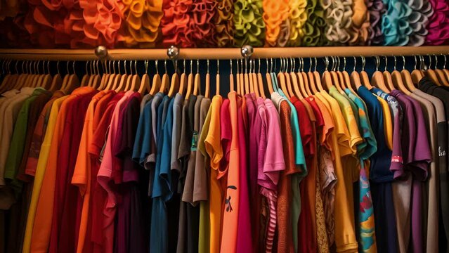 A rack full of clothing in vibrant colors made from sustainable materials with a tag that reads Made with love and respect for the .
