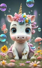 Fototapeta premium in pastel colors Cute 3d baby unicorn wearing flowers on its head, floating bubbles, cute flowers and small details, bright, cinematic, 3d render