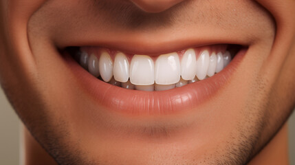 Close-up image showcasing a clear view of a smiling mouth with well-aligned, beautiful, and clean white teeth. Perfect for illustrating dental health. Generative AI.