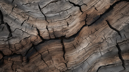 Close-up photograph of wood bark showing natural cracks and crevices. Suitable for use as a background scene. Generative AI.