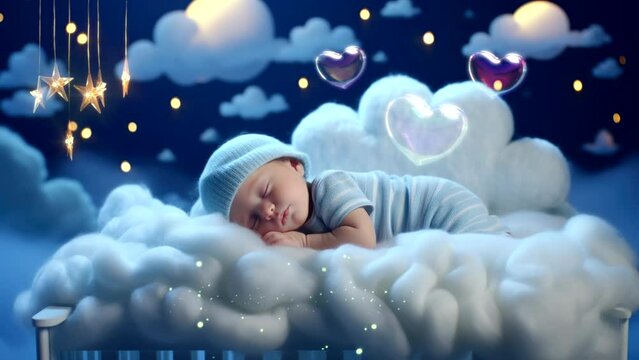 Lullaby For Babies video animation template looping Cute baby sleep at night on cloud with stars, for live wallpaper