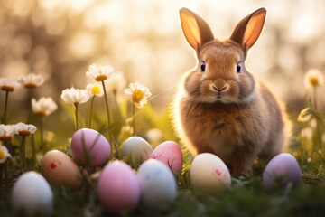 Cute rabbit surrounded by field of Easter eggs created with Generative AI