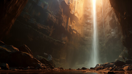 Sunlight shining down into a cave with a high waterfall. Generative AI. - obrazy, fototapety, plakaty