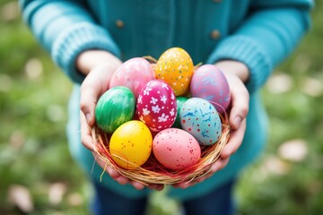 Fototapeta na wymiar Close up children hand hold basket of colorful Easter eggs