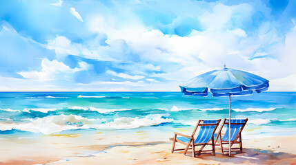 Watercolor style of beach chairs and umbrellas set on a sandy shore with a stunning view of the blue ocean in summer.