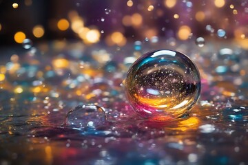 Soap bubbles with colorful bokeh lights. Abstract background.