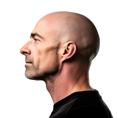 Portrait of a bald man facing sideways isolated on white, transparent background - obrazy, fototapety, plakaty