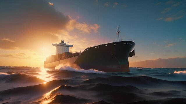 A looming cargo ship ascends slowly towards the horizon its steel hull blueblack against the vast backdrop of shimmering ocean waves.