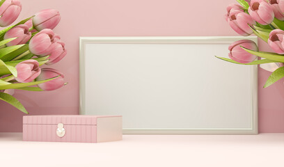 Welcome signboard mockup with international Women's Day, Valentine's Day. Gift of flowers. Pink tulips on pastel background, spring bouquet. 3d render of online flower delivery. - obrazy, fototapety, plakaty