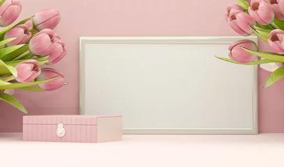 Fotobehang Welcome signboard mockup with international Women's Day, Valentine's Day. Gift of flowers. Pink tulips on pastel background, spring bouquet. 3d render of online flower delivery. © Hihiland