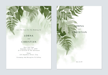 White greenery fern leaves wedding invitation - obrazy, fototapety, plakaty