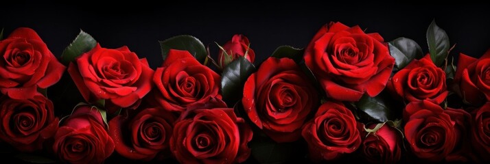 Closeup view of Red roses isolated on a black background. Blooming red roses. big beautiful garden flowers red roses. flowers for the holiday, bokeh, macro, floral background. bouquet of red roses - Powered by Adobe