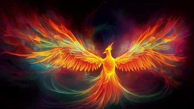 A phoenix rising from the ashes in a burst of rainbow coloured flames. Fantasy art concept.