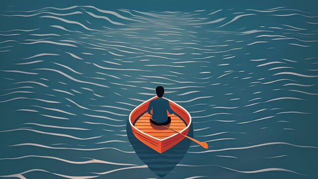 A person in a rowboat trying to paddle upstream against the current. Psychology art concept.