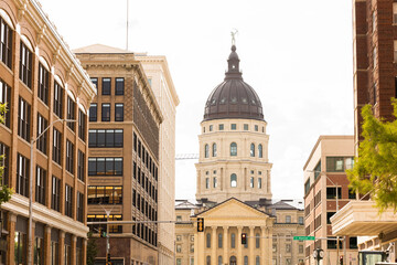 Afternoon view of the historic state capitol building of downtown Topeka, Kansas, USA.