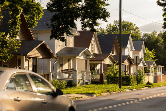 View Of Single Family Homes In A Neighborhood Near Downtown Topeka, Kansas, USA.