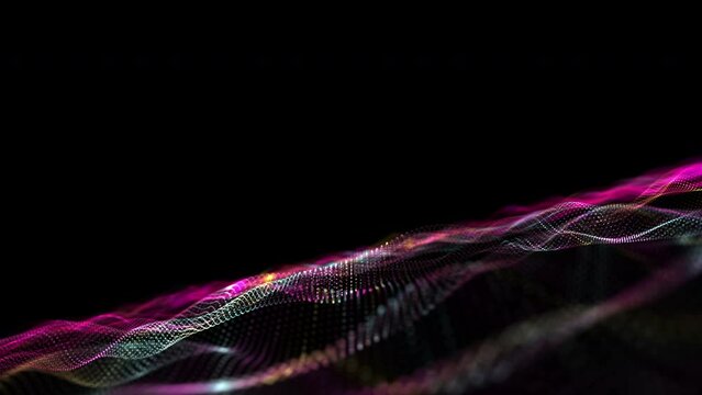 Abstract of mesh glowing colorful dots digital luxurious sparkling wave particles flow on black background.Motion of digital data flow.big data background concept.Cyber or technology ba