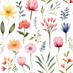 Seamless pattern of Asian flowers, watercolor, Wrapping paper pattern