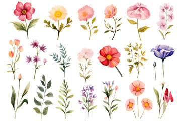 Watercolor paintings various types of Asian flowers on a white paper background.