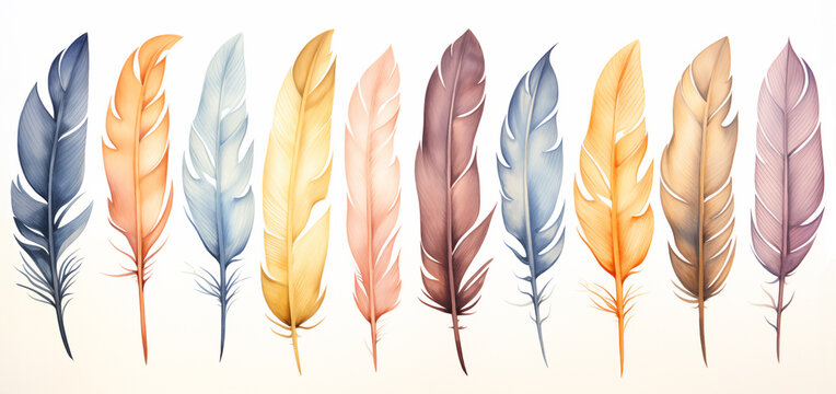 Cute Boho collection, featuring a set of bird feathers on a white background.
