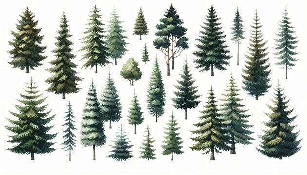 Cute Boho collection, Pine trees on white background