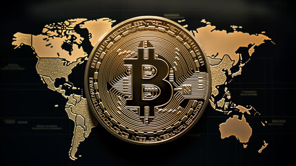 Gold Bitcoin coin with its iconic '₿' symbol, prominently placed on a  world map.