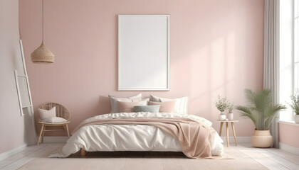 Mockup-frame-in-interior-background,-room-in-light-pastel-colors,-Scandi-Boho-style,-3d-render.-High-quality-3d-illustration