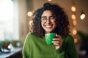 Cheerful young woman with curly hair wearing large round glasses and a sweater. She is holding a mug - obrazy, fototapety, plakaty