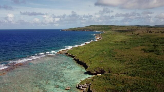 Drone shot of coastline of Tinian, Northern Mariana Islands