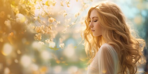 Embrace the essence of spring with a refreshing woman background with sunlight shimmering and creating a defocused effect