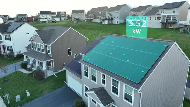 Sustainable energy. Solar panels on a residential home. Clean electricity production with motion graphics recording photovoltaic efficiency in kilowatt-hours. Eco-friendly power technology animation.