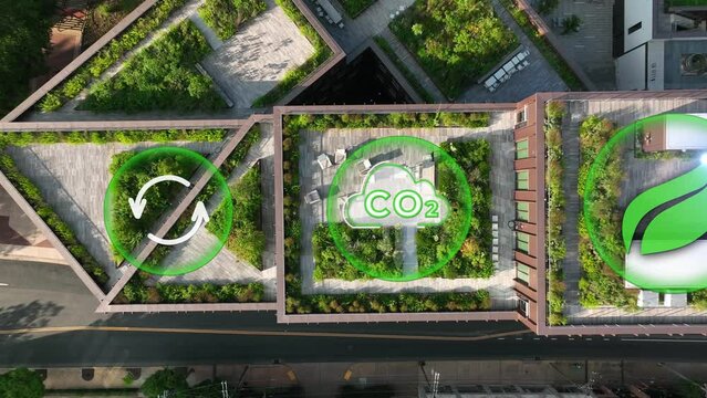Green rooftop garden in urban city. Recycle, CO2 reduction, green space, and global warming motion graphics. Carbon emissions, climate change, ESG theme.