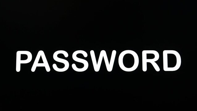 Close up of PASSWORD being typed into computer monitor screen with blinking cursor on black background copy space. Digital Words on the  LCD display.