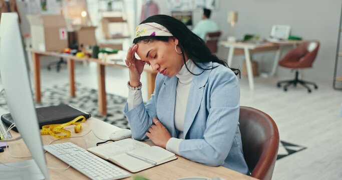 Stress, headache and business woman with computer in office frustrated by glitch, 404 or internet delay. Anxiety, migraine and lady fashion designer with burnout, tension or angry for ecommerce fail