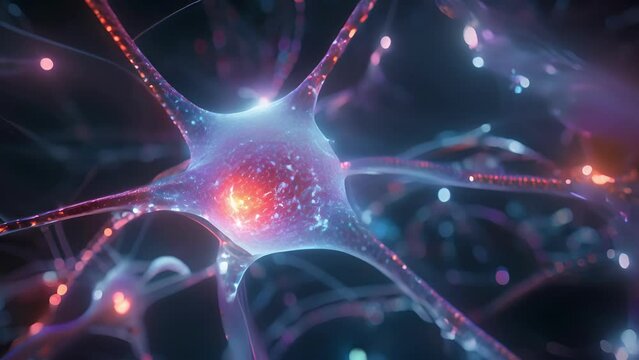 An intricate closeup of a neuronal network, with the edited gene marked in red and demonstrating its role in regulating brain function.