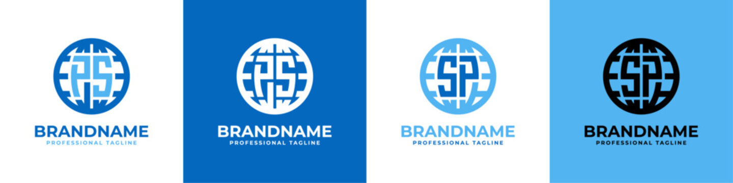 Letter PS and SP Globe Logo Set, suitable for any business with PS or SP initials.
