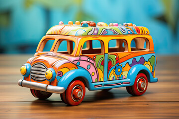 Colorful bus toy, on a wooden plank