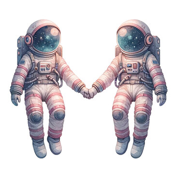 Astronaut Couple Floating In Zero Gravity Clipart Watercolor Style.AI Generate